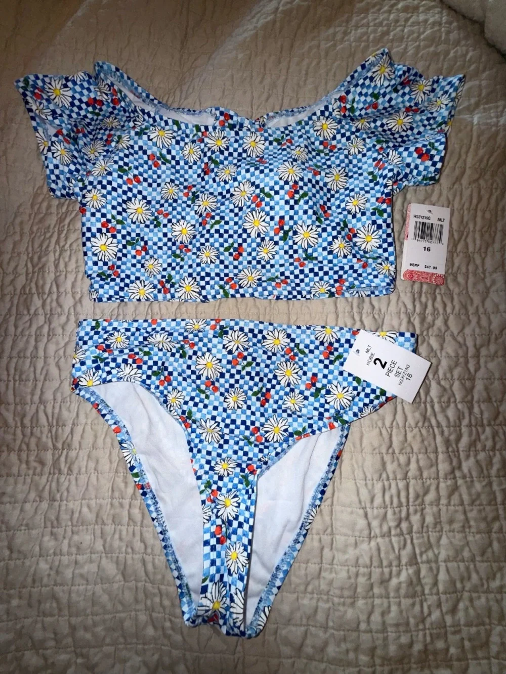 Hobie girls size 16 bikini swimsuit floral cap sleeve bralette set blue gingham